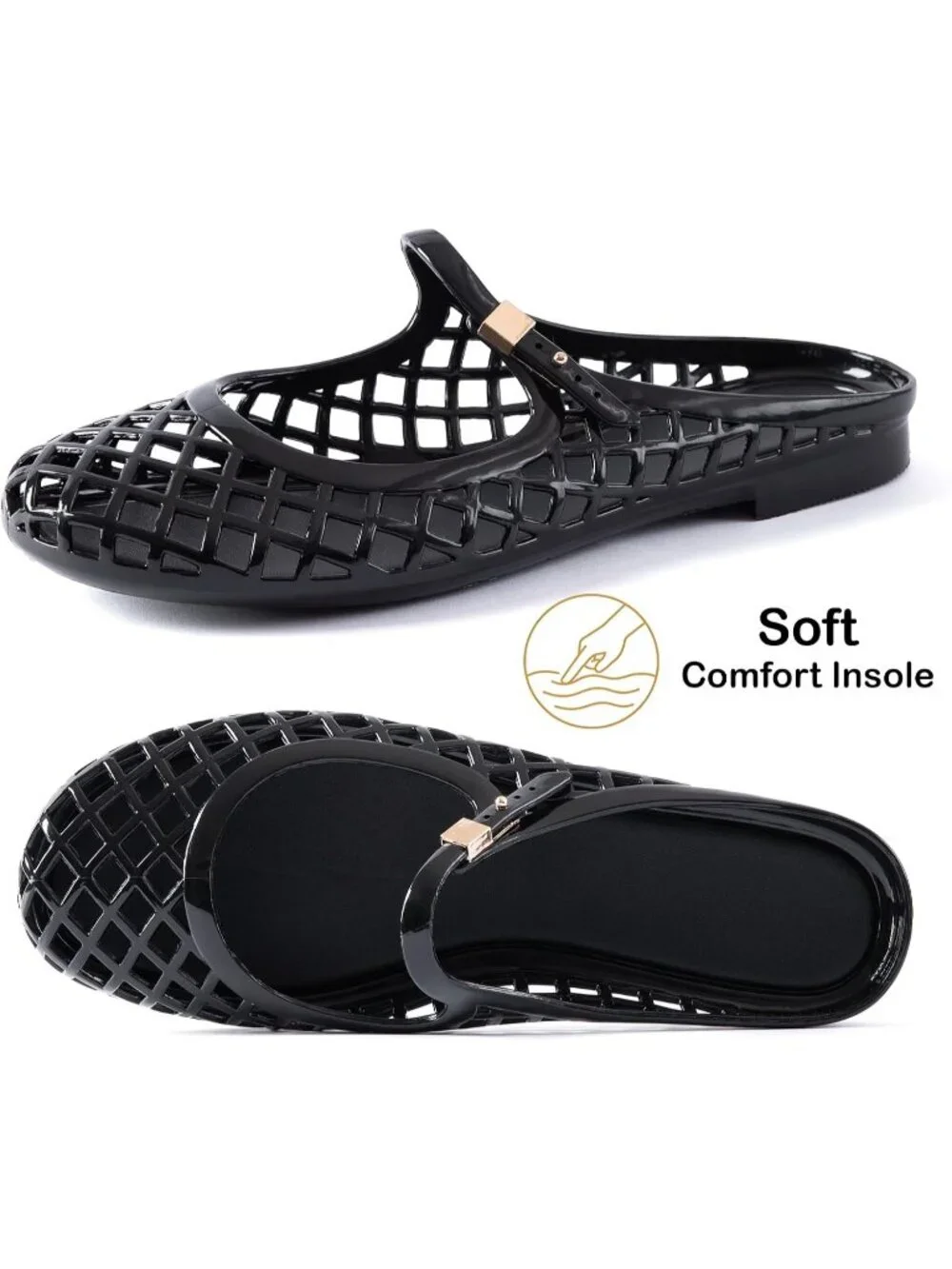 Women's Black Mary Jane Jelly Mule Flat Sandals Waterproof Beach Pool Comfort